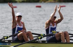 Britain's Anna Watkins and Katherine Grainger react after the women's double sculls heat at Eton Dorney during the London 2012 Olympic Games