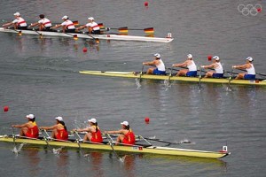 BEIJING - AUGUST 17: The Chinese Women's Quadruple Sculls compete with the Great Britain and Germany crew during the final at the Shunyi Olympic Rowing-Canoeing Park during Day 9 of the Beijing 2008 Olympic Games on August 17, 2008 in Beijing, China. (Photo by Jamie Squire/Getty Images)