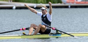 Mahe Drysdale of New Zealand celebrates winning the Final A of the men's single sculls at the 2012 Olympic Rowing Regatta at Eton-Dorney near London, Great Britain.
