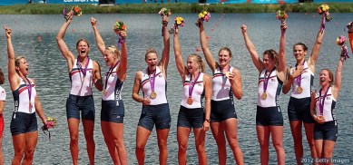 WINDSOR, ENGLAND - AUGUST 02: Members of the United States team celebrate with their gold medals during the medal ceremony after the Women's Eight final on Day 6 of the London 2012 Olympic Games at Eton Dorney on August 2, 2012 in Windsor, England. (Photo by Ezra Shaw/Getty Images)