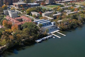 An aerial view from a helicopter highlights the northern portion of the UW-Madison campus along the Lake Mendota shoreline and lakeshore residence hall area during a sunny autumn day on Oct. 7, 2006. In the foreground is the Porter Boathouse. ©UW-Madison University Communications 608/262-0067 Photo by: Jeff Miller Date: 10/06 File#: D200 digital camera frame 1185